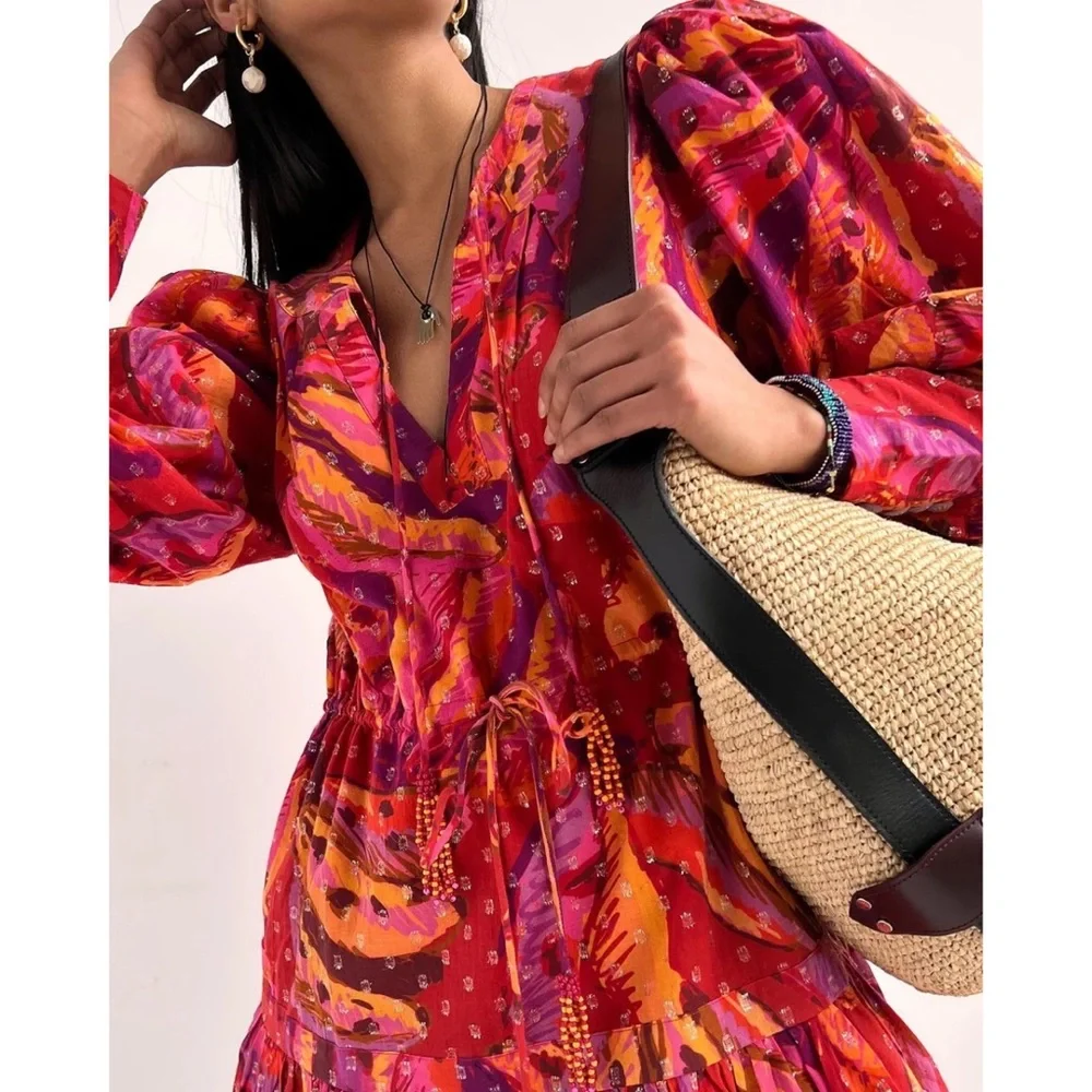Farm Rio Red Banana Metallic Long Sleeve Mini Dress NWT M L - Picture 5 of 12